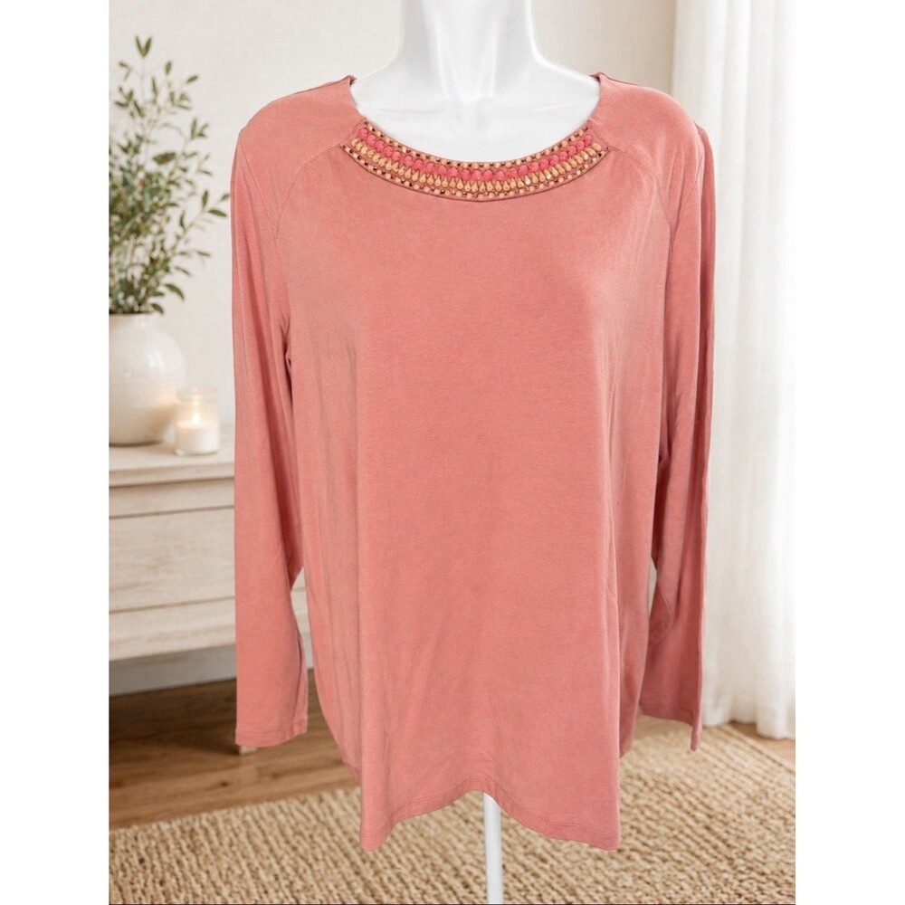 Susan Graver Artisan Pink Long Sleeve Embellished Top Size X-Large NWT